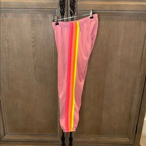 Aviator Nation Pink Track Pants with Rainbow Stripes